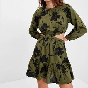 GAP Criss-Cross Cut Out Mini Dress Olive Green Black Flowers Size XL NWT